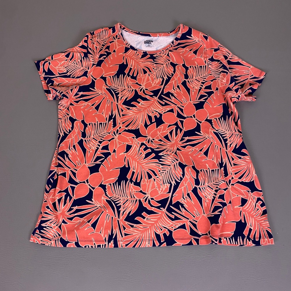 Lands End T-Shirt Womens Plus Size 2X Tropical Palm Leaf Print Cotton Navy Coral